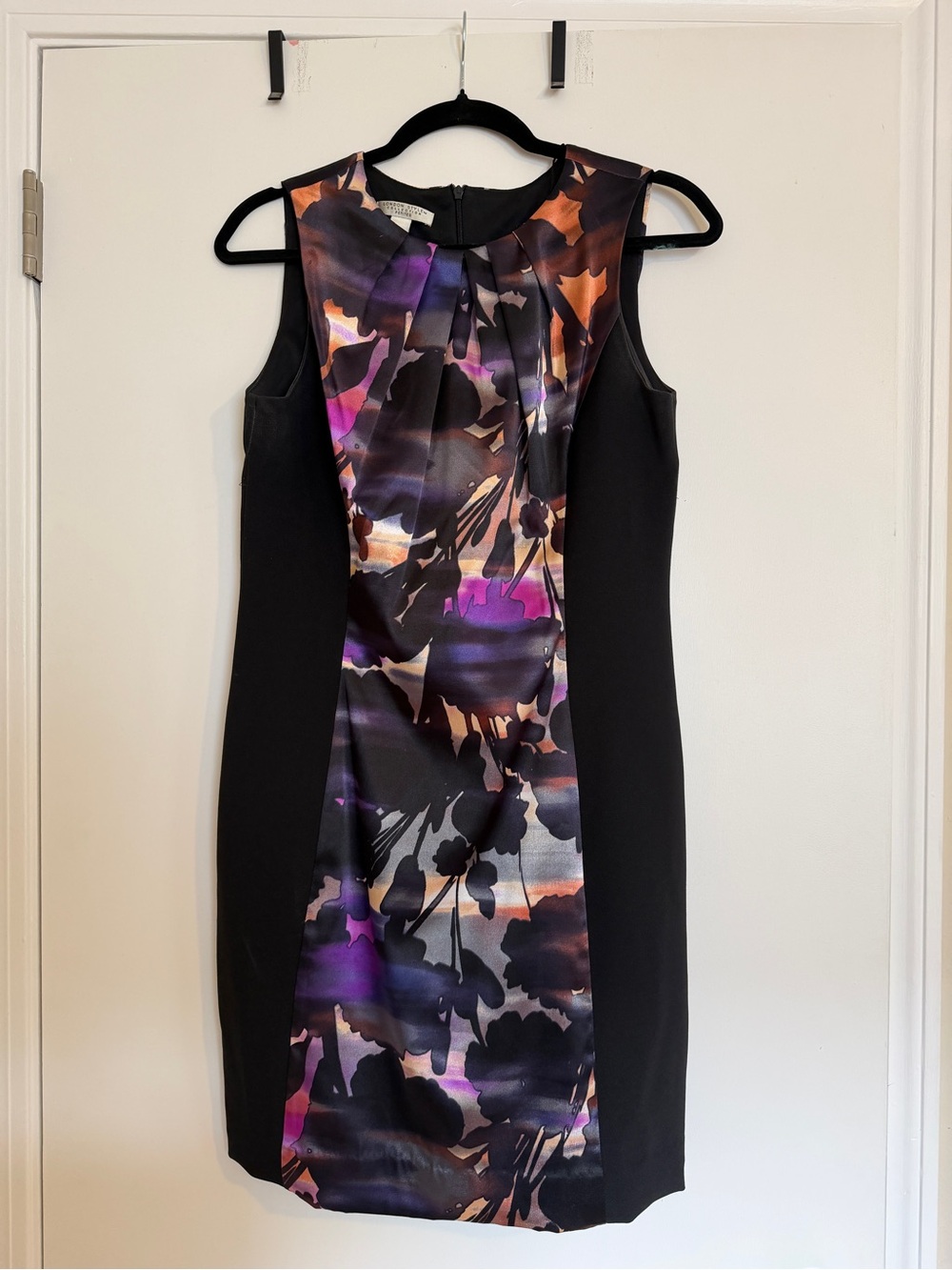 London Style Black Sheath Dress with Purple & Copper Floral Panel